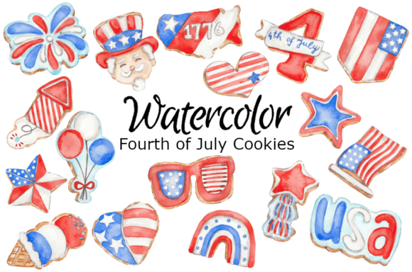 4th of July Cookies Watercolor Clipart Illustrations