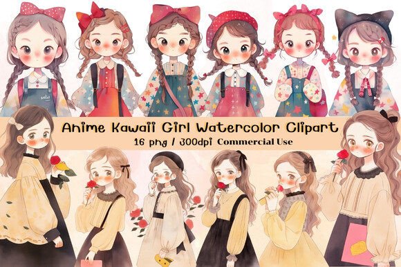 Anime Kawaii Girl Watercolor Clipart Illustrations