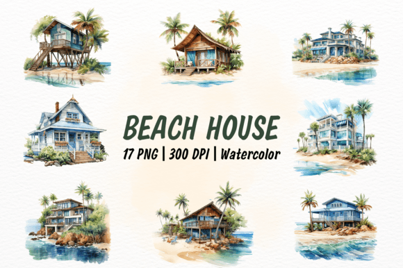 Beach House Watercolor Clipart Bundle Illustrations
