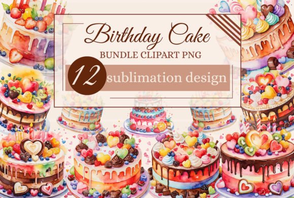 Bundle Watercolor Clipart Birthday Cake Illustrations