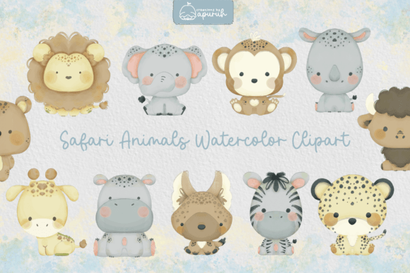 Cute Safari Animals Watercolor Clipart Illustrations