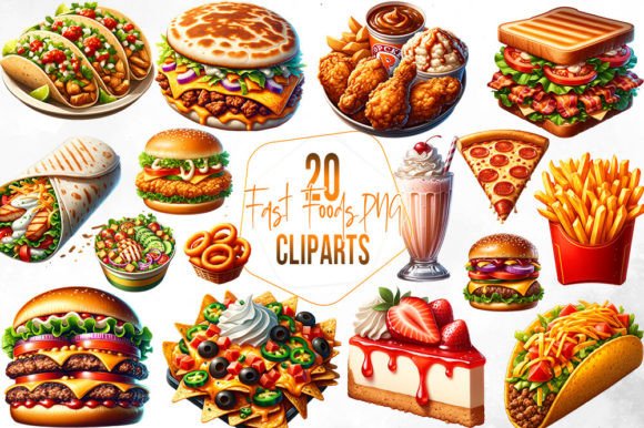 Delicious Fast Foods Watercolor Clipart Illustrations