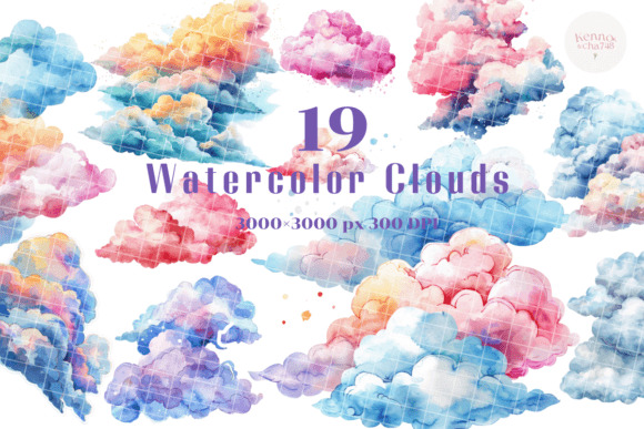 Dreamy Watercolor Cloud Illustrations for Digital Products