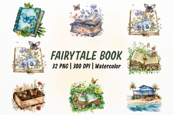 Fairytale Book Watercolor Clipart Bundle Illustrations
