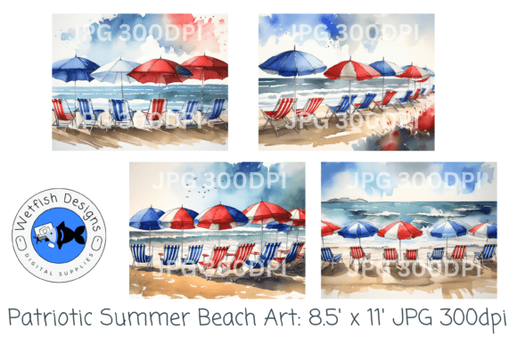 Fourth of July Watercolor Beach Scenes Illustrations