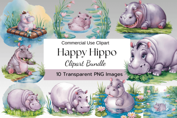 Happy Hippo Watercolor Clipart Illustrations for Crafters