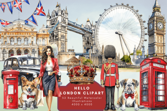 Hello London Watercolor Clipart Illustrations