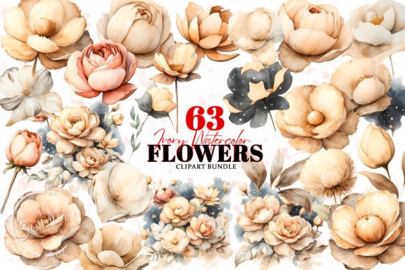 Ivory Watercolor Flowers Clipart Illustrations