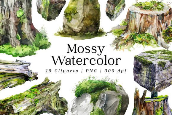 Mossy Moss Stone Log Stump Watercolor Illustrations