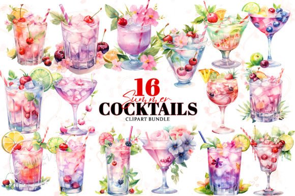 Summer Cocktail Watercolor Sublimation Illustrations