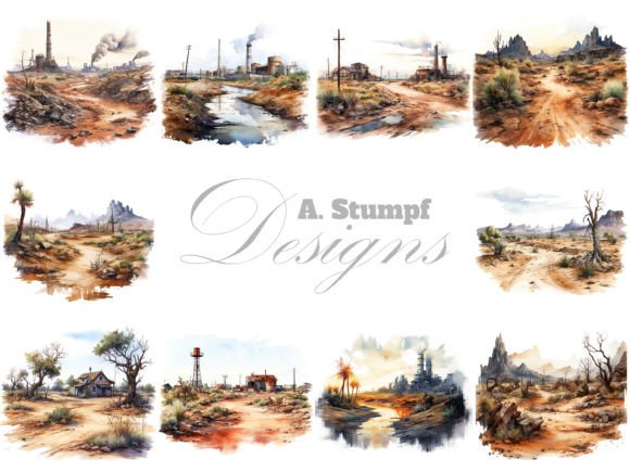 Wasteland Watercolor Badlands Landscape Illustrations