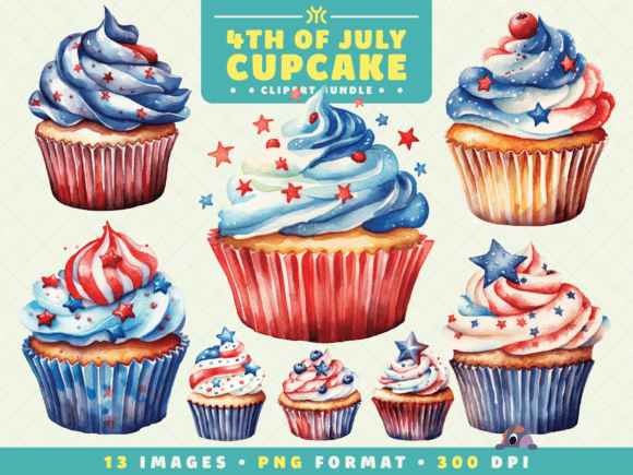 Watercolor 4th of July Cupcake Clipart Illustrations