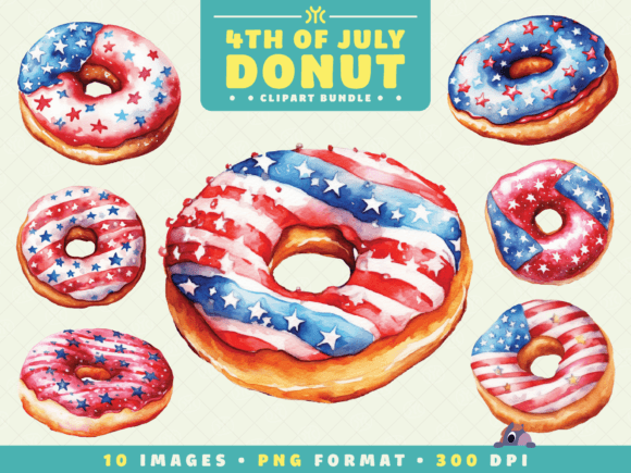 Watercolor 4th of July Donut Clipart Illustrations