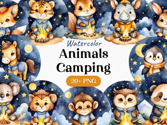 Watercolor Animal Campfire Clipart PNG Illustrations