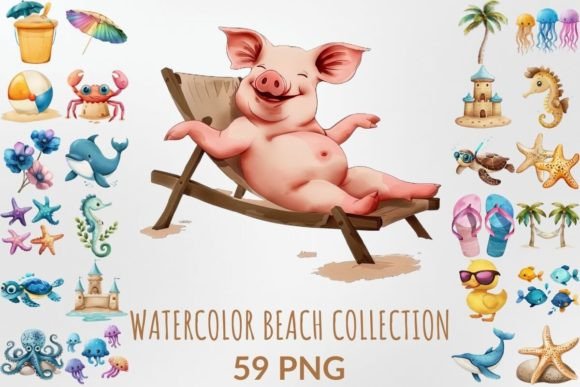 Watercolor Beach Collection for Kids Illustrations