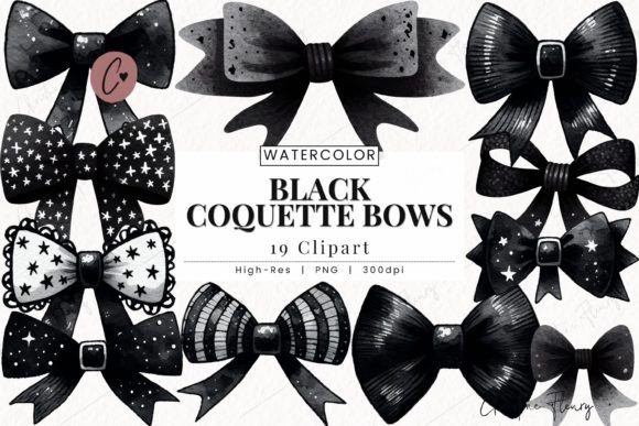 Watercolor Black Coquette Bows Clipart Illustrations