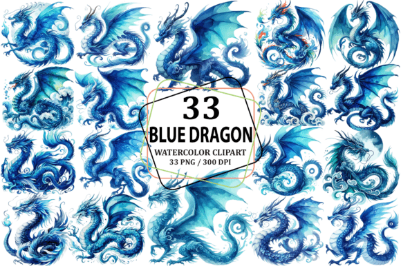 Watercolor Blue Dragon Clipart PNG for Illustrations