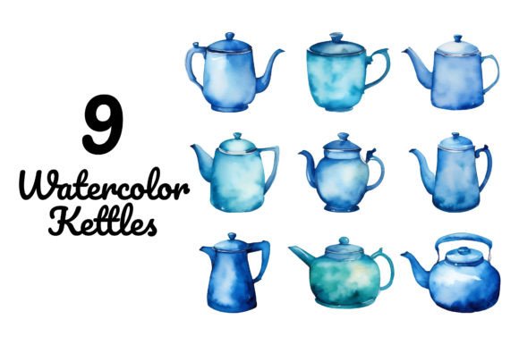Watercolor Blue Kettle Tea Pot Clipart: Editorial Illustrations