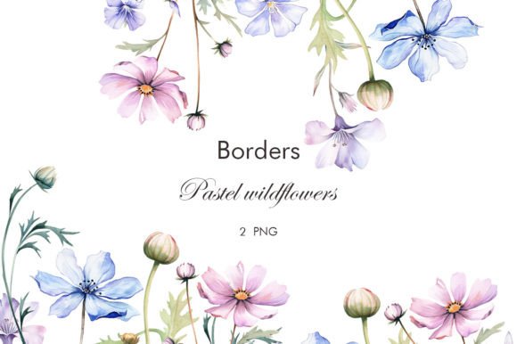 Watercolor Blue Wildflowers Borders: Editorial Illustrations