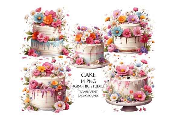 Watercolor Cosmo Wildflowers Cake Clipart Illustrations