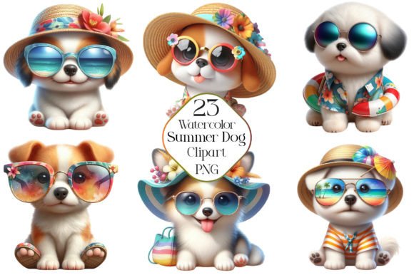 Watercolor Cute Summer Dog Clipart: Brand Illustrations