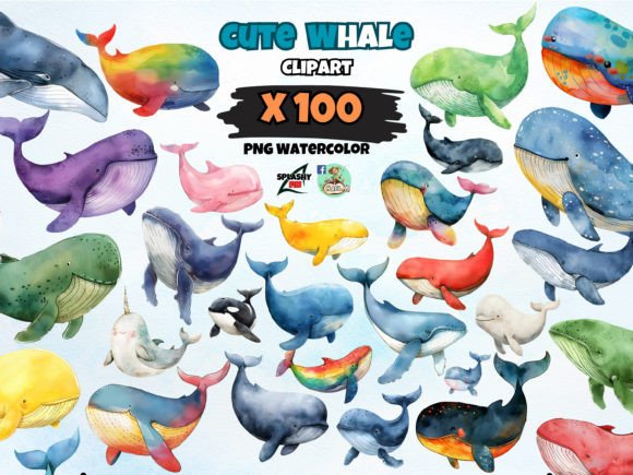 Watercolor Cute Whale Clipart PNG Bundle Illustrations