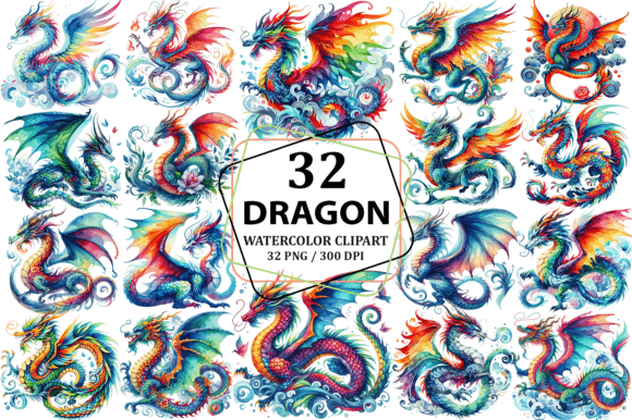 Watercolor Dragon Clipart Sublimation Illustrations