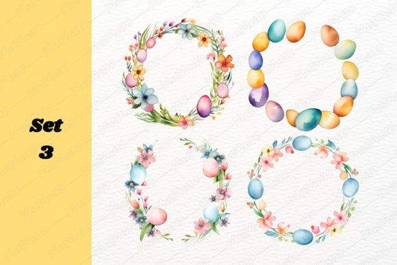 Watercolor Easter Egg Flower Frame Set Illustrations