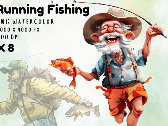 Watercolor Funny Fishing Clipart: Illustrations for Brands