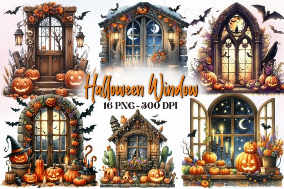 Watercolor Halloween Window Clipart Illustrations