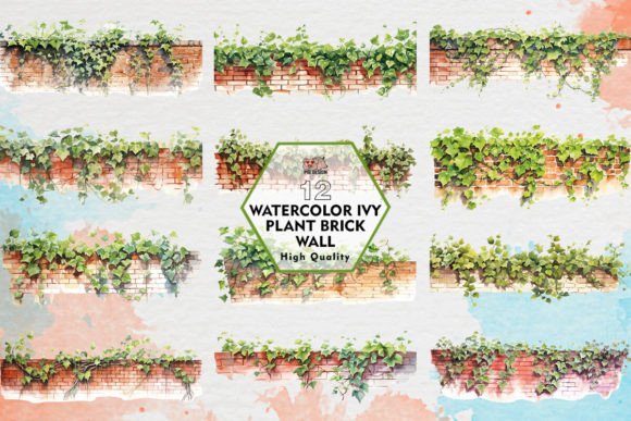 Watercolor Ivy Plant Brick Wall Illustrations