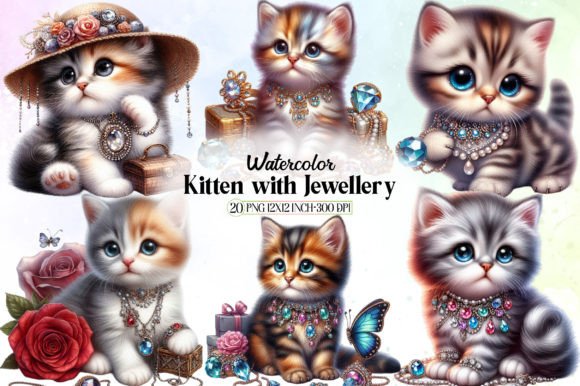 Watercolor Kitten with Jewellery Clipart Illustrations