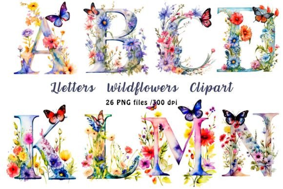Watercolor Letters Wildflowers Clipart Illustrations