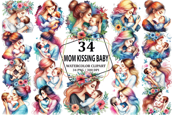 Watercolor Mom Kissing Baby Clipart PNG Illustrations