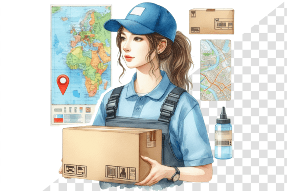 Watercolor Package with Delivery Person Illustrations