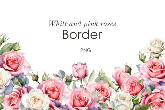 Watercolor Pink and White Roses Border Illustrations