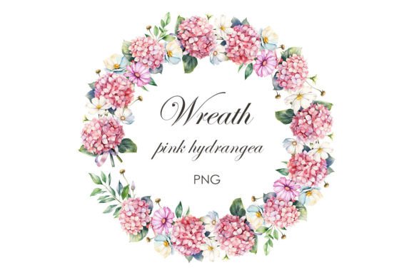 Watercolor Pink Hydrangea Wreath PNG Illustrations