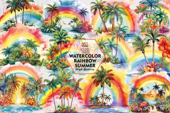 Watercolor Rainbow Summer Clipart PNG Illustrations