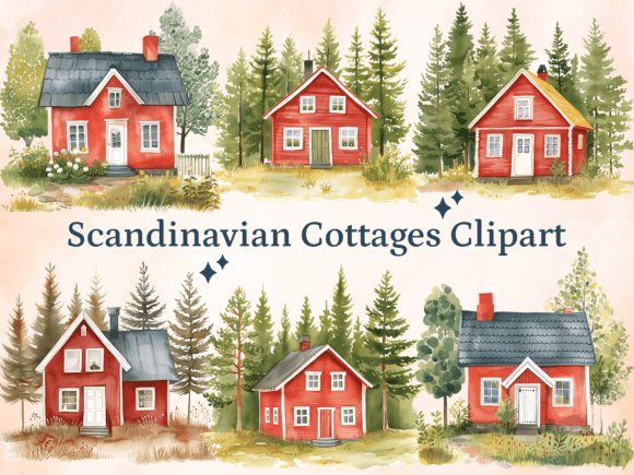 Watercolor Scandinavian Cottages Illustrations for Editorial Design