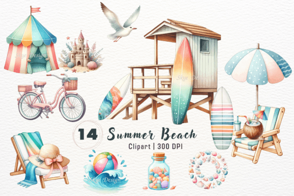 Watercolor Summer on the Beach Clipart Illustrations