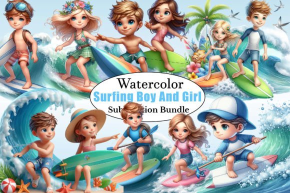 Watercolor Surfing Boy and Girl Clipart Review