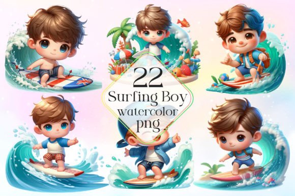 Watercolor Surfing Boy Illustrations for Design