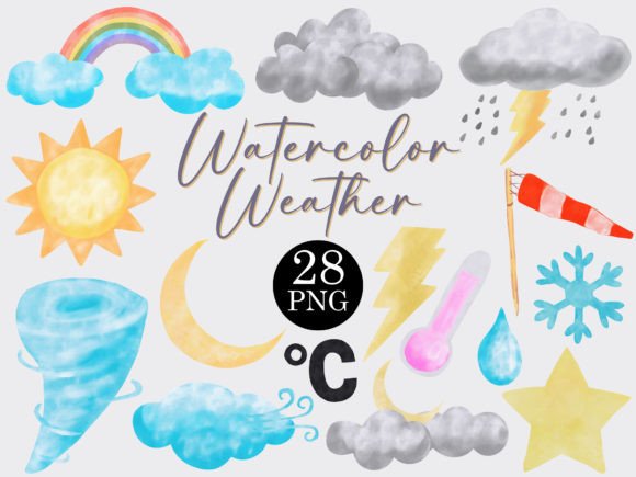 Watercolor Weather Clipart PNG Set: Illustrations for Local Brands